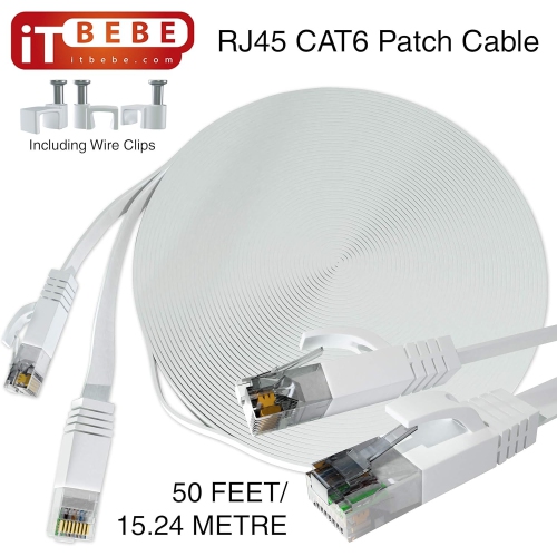 ITBEBE Cat6 Ethernet Cable 50 ft, White – Flat Internet Cord with 3 Micron Gold-Plated RJ45 Connectors and Snag-Proof