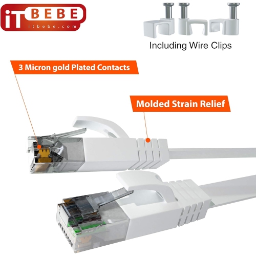 ITBEBE Cat6 Ethernet Cable 50 ft, White – Flat Internet Cord with 3 Micron Gold-Plated RJ45 Connectors and Snag-Proof