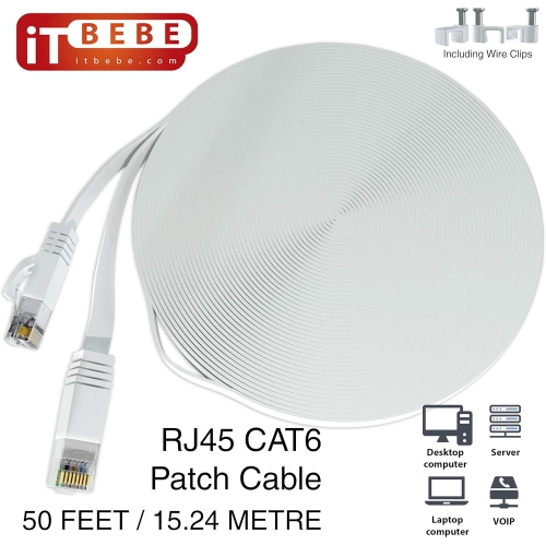 ITBEBE Cat6 Ethernet Cable 50 ft, White – Flat Internet Cord with 3 Micron Gold-Plated RJ45 Connectors and Snag-Proof