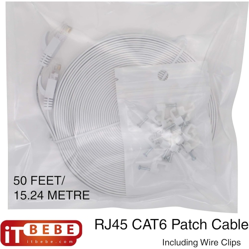 ITBEBE Cat6 Ethernet Cable 50 ft, White – Flat Internet Cord with 3 Micron Gold-Plated RJ45 Connectors and Snag-Proof