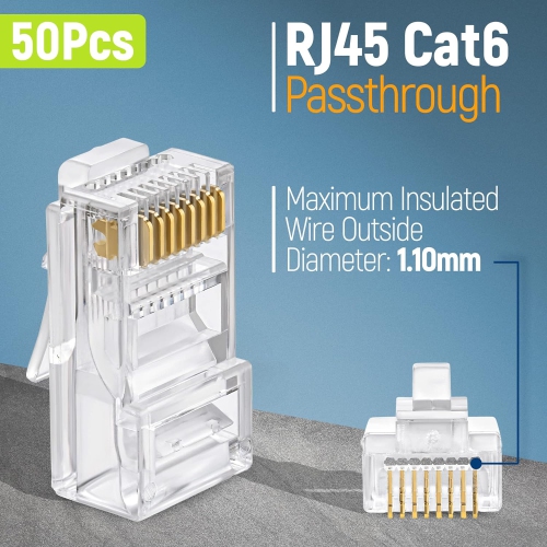 EMS RJ45 Cat6 Pass Through Connectors, Pack of 50 | Modular Plug for Solid or Stranded UTP Network Cable | Male