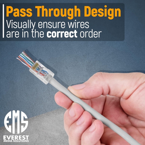 EMS RJ45 Cat6 Pass Through Connectors, Pack of 50 | Modular Plug for Solid or Stranded UTP Network Cable | Male