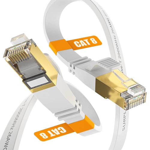 Cat8 Ethernet Cable 10FT-White-40Gbps Solid Conductor & Shielded & Ground Wire Internet Network Flat Cord,Gold-Plated