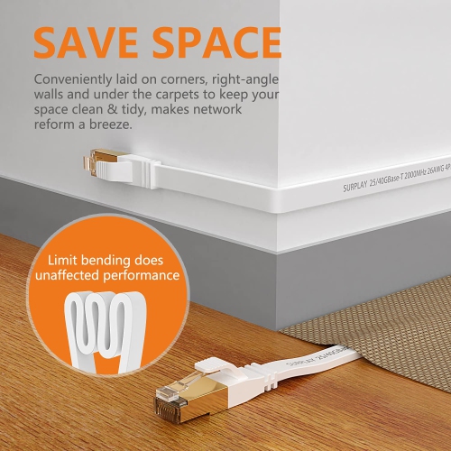 Cat8 Ethernet Cable 10FT-White-40Gbps Solid Conductor & Shielded & Ground Wire Internet Network Flat Cord,Gold-Plated