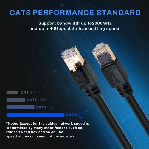 Cat 8 Ethernet Cable 30ft, Internet Cable, 40Gbps 2000MHz High Speed SFTP Patch Cables with Gold Plated RJ45