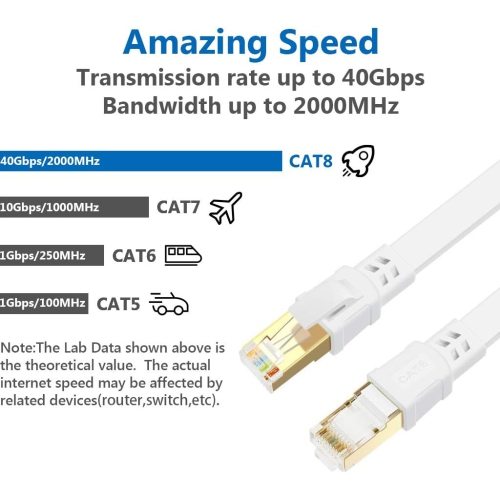 Câble Ethernet Cat 8 2000MHz de 10 pi réseau Internet plat RJ45 câbles de raccordement LAN 40 Gb/s haute vitesse blindés