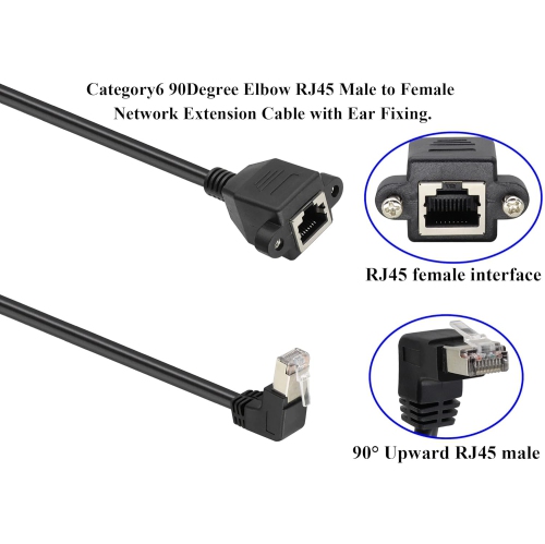 Cat 6 RJ45 90 Degree Male to Female Shielded Ethernet Network Connector Screw Panel Mount Extension Cable,