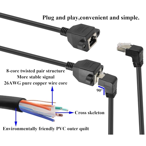 Cat 6 RJ45 90 Degree Male to Female Shielded Ethernet Network Connector Screw Panel Mount Extension Cable,