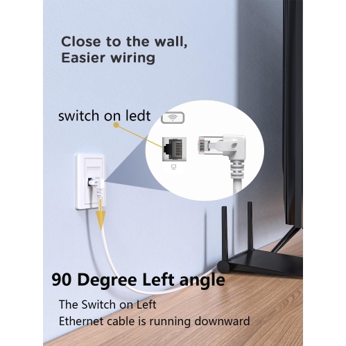 90 Degree Ethernet Cable Leftward White 3ft, Right Angle CAT 6 Ethernet Patch Cable LeftAngle Gigabit Network