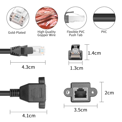 Cat6 – Câble d’extension Ethernet à montage sur panneau, RJ45 vis de connecteur de réseau Ethernet blindé mâle à femelle Cat 6