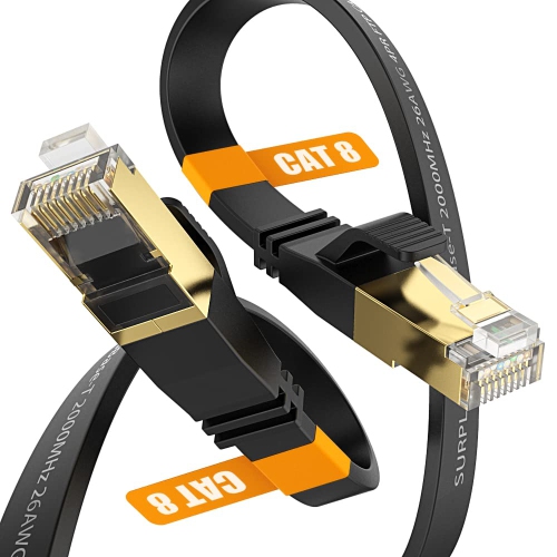 UNKNOWN  Cat8 Ethernet Cable 10Ft-Black-40GBps Solid Conductor & Shielded & Ground Wire Internet Network Flat Cord, Gold-Plated