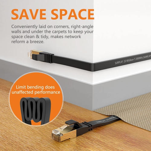 Cat8 Ethernet Cable 10FT-Black-40Gbps Solid Conductor & Shielded & Ground Wire Internet Network Flat Cord,Gold-Plated