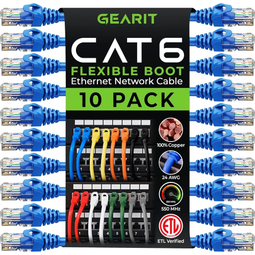10-Pack Cat6 Patch Cable 0.5 Foot / 6 Inches Cat 6 Ethernet Cable Snagless Flexible Soft Tab - Preimum Series -