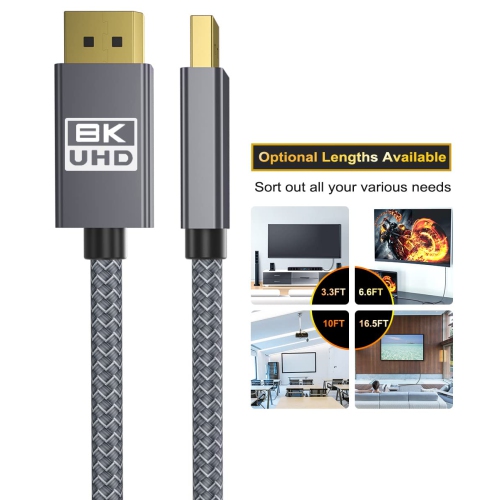 8K 60Hz DisplayPort Cable 6.6FT,DP 1.4 Male Ultra High Speed Cord for Laptop/PC/TV/Gaming