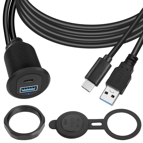 USB C & USB 3.0 Threaded Fixed Embedded Car Waterproof Cable 5Gbps USB3.0 & USB C Panel Mount Extension