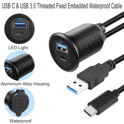 USB C & USB 3.0 Threaded Fixed Embedded Car Waterproof Cable 5Gbps USB3.0 & USB C Panel Mount Extension
