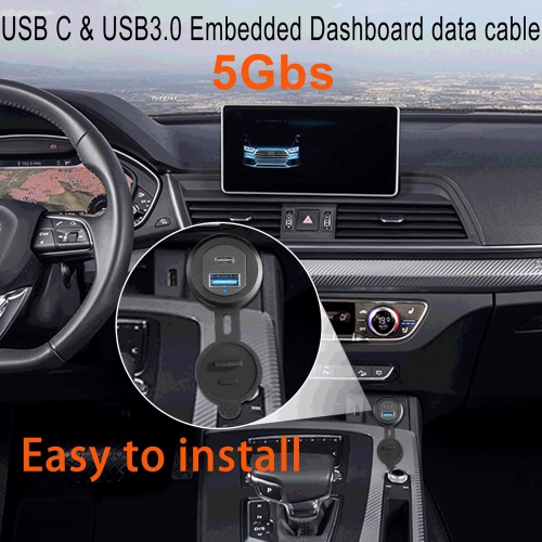 USB C & USB 3.0 Threaded Fixed Embedded Car Waterproof Cable 5Gbps USB3.0 & USB C Panel Mount Extension