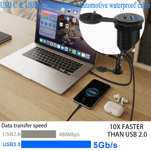 USB C & USB 3.0 Threaded Fixed Embedded Car Waterproof Cable 5Gbps USB3.0 & USB C Panel Mount Extension