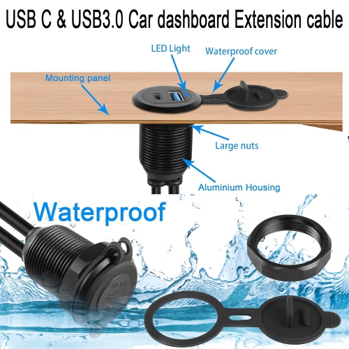 USB C & USB 3.0 Threaded Fixed Embedded Car Waterproof Cable 5Gbps USB3.0 & USB C Panel Mount Extension