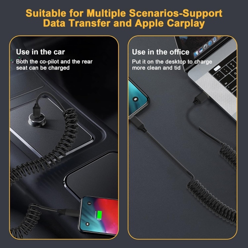 Coiled Lightning Cable Apple Carplay & MFi Certified, Retractable iPhone Charger with Data Transmission, Short iPhone