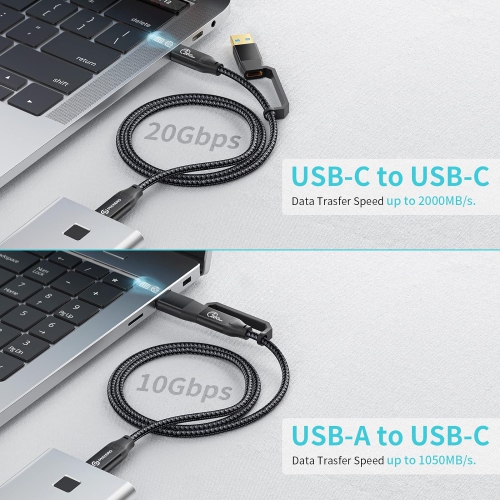 USB C to USB C Cable 20Gbps 3.3Ft, PD 100W/4K@60Hz Video Cable, 2-in-1 USB-A/C to USB-C Cable, USB-C 3.2 Gen