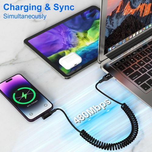 90 Degree iPhone Charger Cable for Apple Carplay, [MFi Certified] Coiled Lightning Cable Right Angle, Short USB to