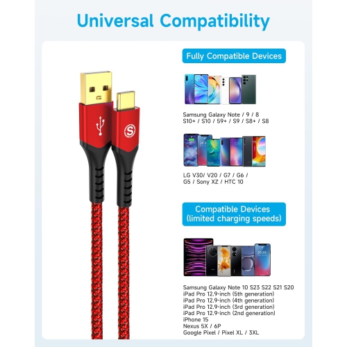 USB C Cable, USB C Charging Cord Fast Phone Charger USB A to USB-C Cord Nylon Braided Cord