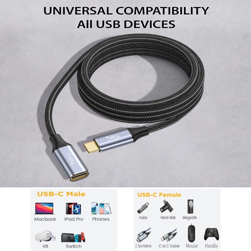 Câble de rallonge USB-C 6,6&nbsp;pi, [USB 3,2/10&nbsp;Gb/s] USB-C mâle à femelle; Câble de rallonge 100&nbsp;W à chargement rapide