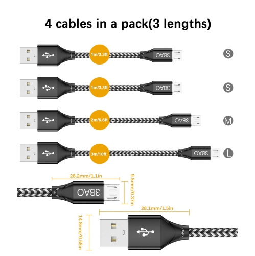 Micro USB Cable [4Pack 2X3.3ft 6.6ft 10ft] USB A to Micro Charging Cable Braided Android Charger Cord Data Sync