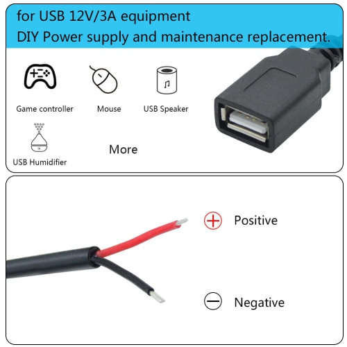 2Pcs Short USB 2.0 Female 2 Pin Bare Wire,30cm/11.8in USB 12V/3A Pigtail Open End Power Cable,for and USB Equipment