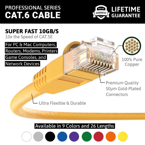75 Ft Cat 6 Molded Snagless Patch Cable Yellow - Professional Series - 50 Micron Gold Plated RJ45