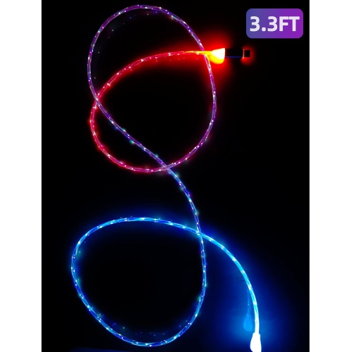 Câble 3,3 pi/1 m de type C Câble de chargement lumineux DEL Câble de chargement visible 7 couleurs RVB changement graduel Shining 3 A