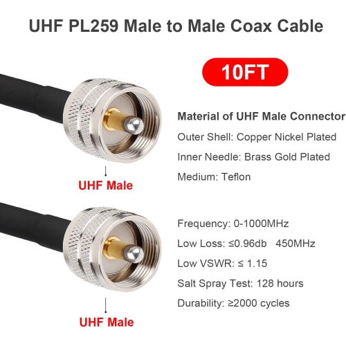 XRDS-RF PL-259 UHF CB Coax Cable 10ft, 50 ohm RG58 PL-259 UHF Male to SO-239 Male Connector Low Loss Coaxial Cable