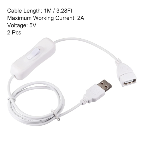 USB Cable with ON/Off Switch, USB Male to Female Extension Cord 1M White, for LED Desk Lamp LED Strip, Pack