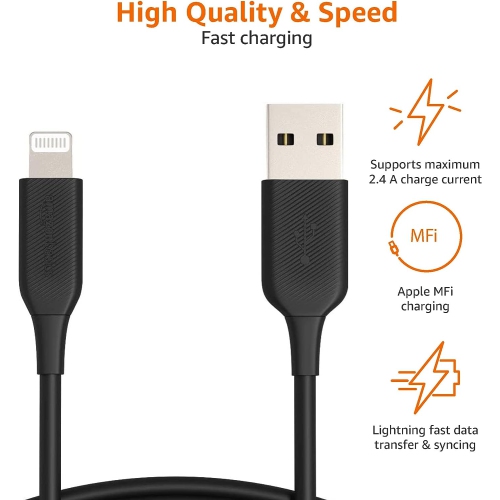 ABS – Câble USB-A à Lightning, chargeur certifié MFi pour Apple iPhone, iPad, noir, 3 pi, paq./2