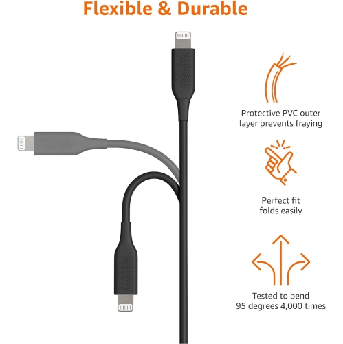 ABS – Câble USB-A à Lightning, chargeur certifié MFi pour Apple iPhone, iPad, noir, 3 pi, paq./2
