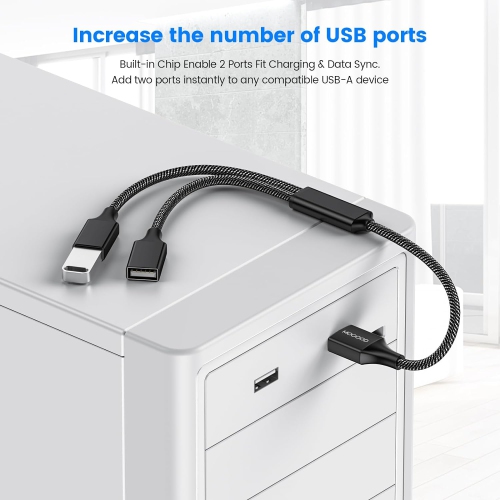USB Splitter Cable USB y Splitter Adapter Dual USB 2.0 Power Cord Extension for Charging/Data
