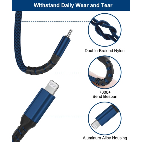 Câble de chargement USB-C vers Lightning 10 pi avec adaptateur USB-A, câble de chargement rapide certifié MFI de type C PD d'Apple
