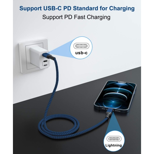 Câble de chargement USB-C vers Lightning 10 pi avec adaptateur USB-A, câble de chargement rapide certifié MFI de type C PD d'Apple