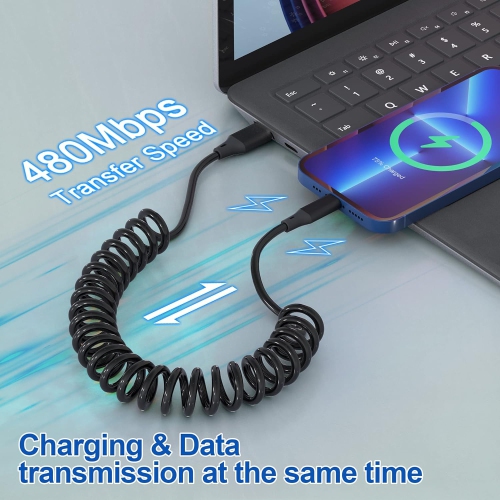 Coiled Lightning Cable 2 Pack, Apple Carplay & MFi Certified, Retractable iPhone Charger with Data Transmission, Short