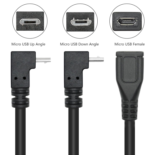 Short Micro USB Extension Cable 25cm/9inch,Up & Down Angle 90 Degree Micro USB Male to Female Charging and Data Sync