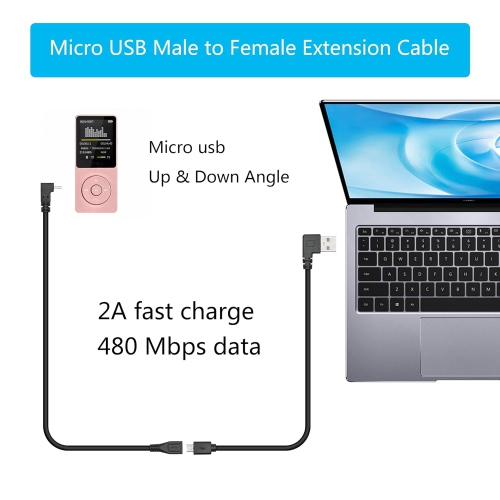 Short Micro USB Extension Cable 25cm/9inch,Up & Down Angle 90 Degree Micro USB Male to Female Charging and Data Sync