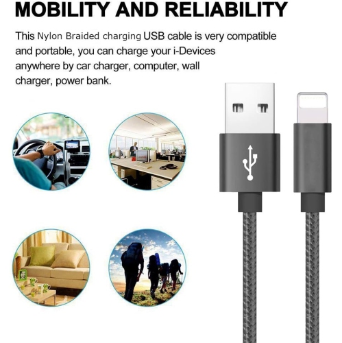 Câble de chargement compatible pour téléphone, [2Pack] câble de téléphone tressé en nylon câble de chargement rapide USB de remplacement pour