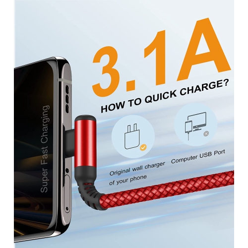 Câble de chargement USB-C 3,1&nbsp;A à angle droit [2Pack, 3,3FT], chargeur USB-C Câble de chargement rapide Câble tressé en nylon