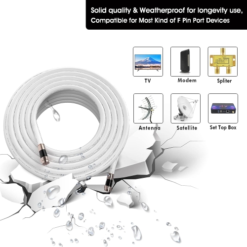 6FT RG6 Coax Cable with F81 Coaxial Cable Extender, White TV Cable F Pin Connectors, Low Loss High Speed TV