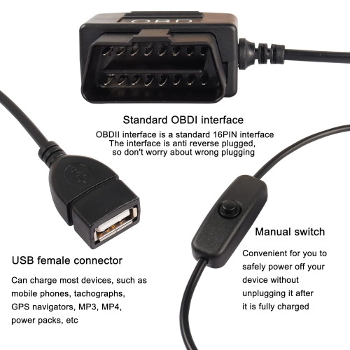 OBD to USB Power Cable Adapter 16Pin OBD2 Male to 5V 2A USB Female Connector 12V 24V 36V to 5V 2A with Switch