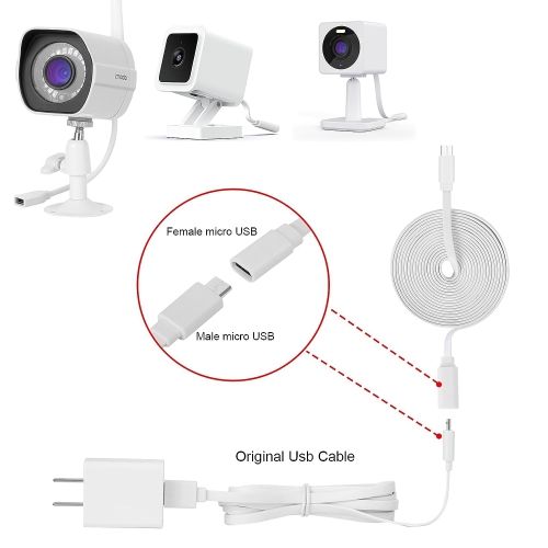 2Pack Micro USB Extension Cable Compatible with Zmodo, Wyze Cam OG, WYZE Cam Pan,Wyze Cam V3, 10Feet Male to