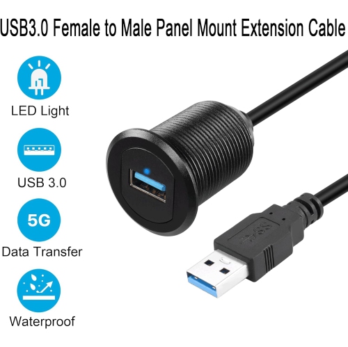 5Gbps USB 3.0 Threaded Fixed Embedded Car Waterproof Cable USB3.0 Female to Male Panel Mount Extension Cable