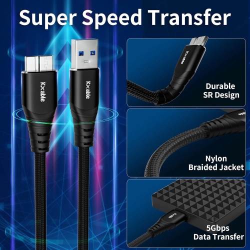 Micro 3.0 Cable 8 Feet, USB 3.0 A to Micro B Cable, Nylon Braided A-Male to Micro B External Hard Drive Cable,