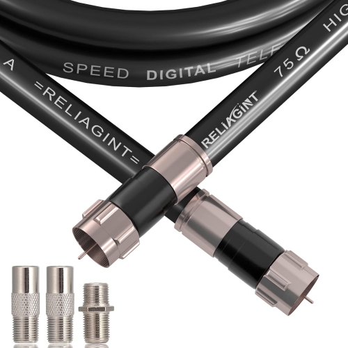 25ft RG6 Black 75 ohm Coaxial Cable with F Connector, F81 Double Female Adapter, Low Loss High-Speed Coax